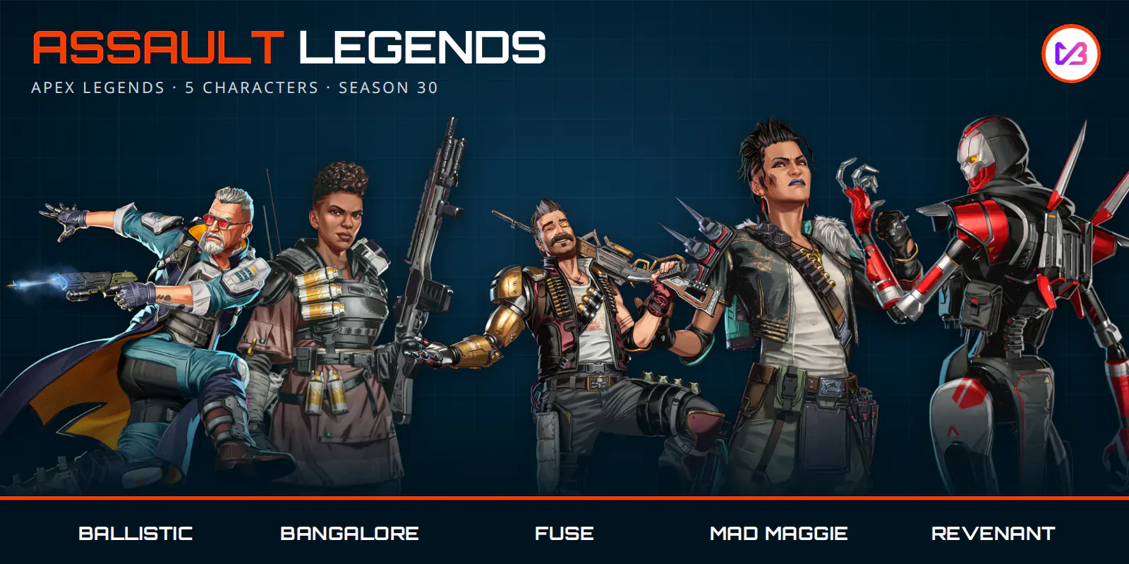 Apex Legends Assault characters: Ballistic, Bangalore, Fuse, Mad Maggie and Revenant