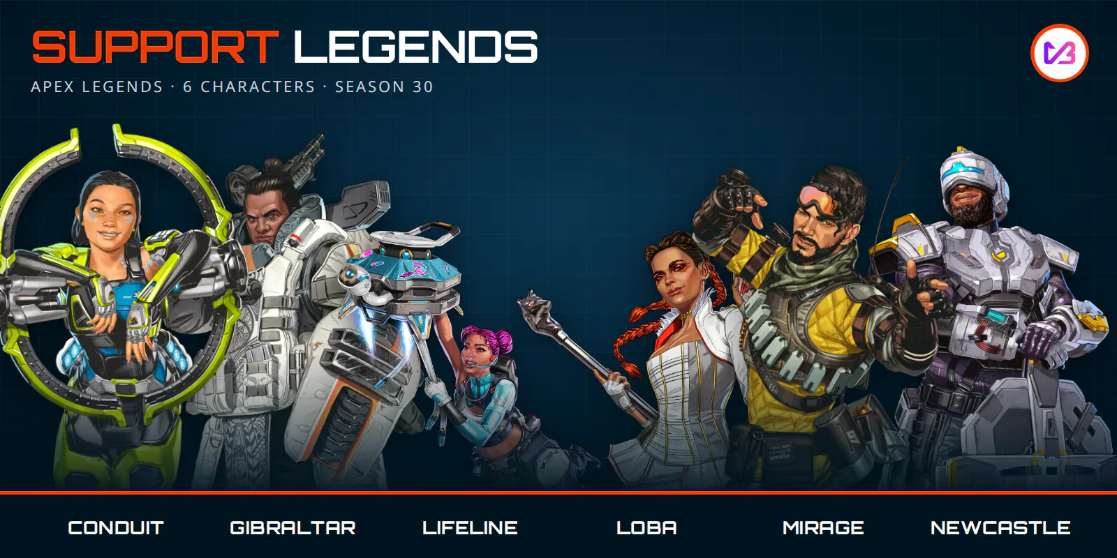 Apex Legends Support characters: Conduit, Gibraltar, Lifeline, Loba, Mirage and Newcastle